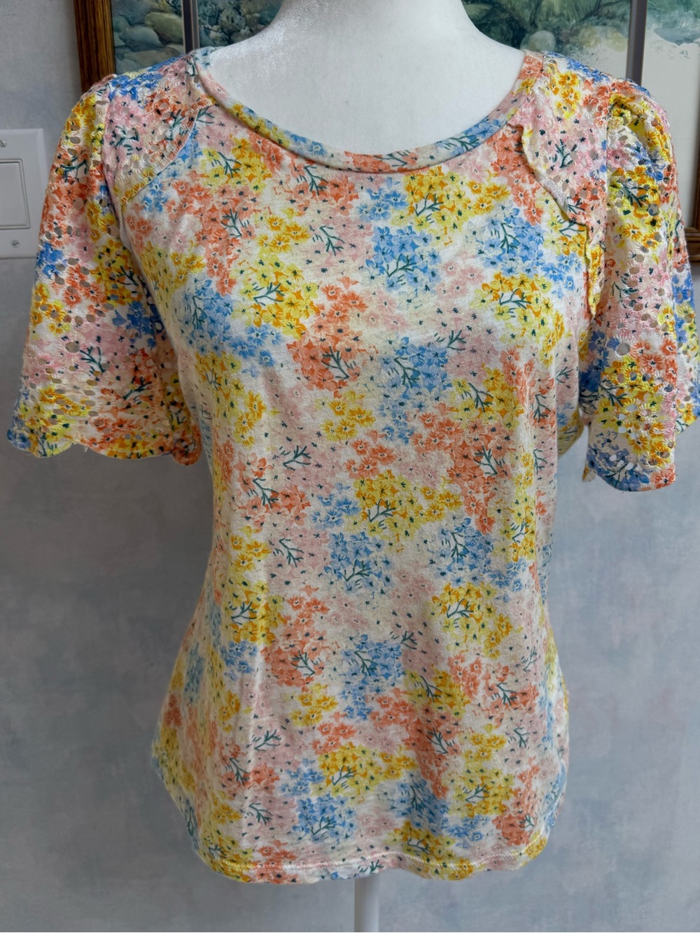 Loft L Summer Tee with Eyelet Sleeves, Floral Blue, Peach, Yellow & Pink